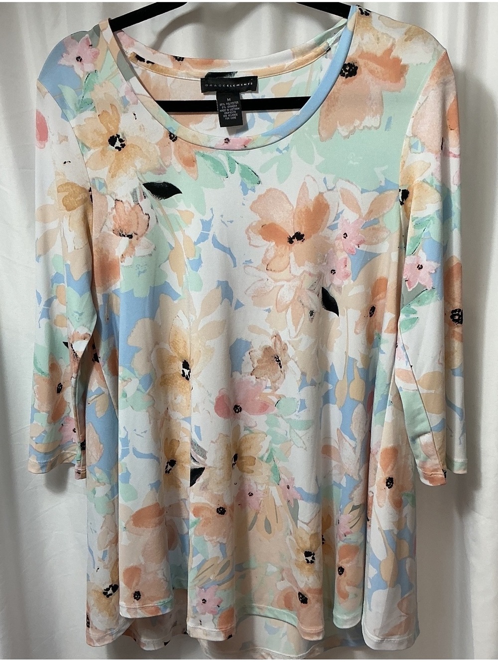 Grace Elements Floral Top Women’s M 3/4 Sleeve Stretch Pastel workwear casual